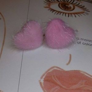 Fuzzy Pink Faux Fur Heart Post  Earrings
